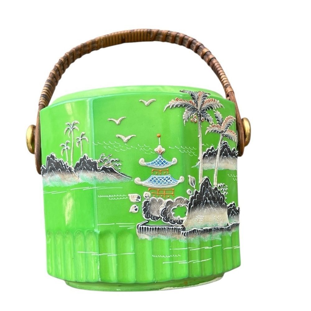 Vintage Japanese Hand-Painted Ceramic Jar with Lid & Handle – Green Pagoda Scene